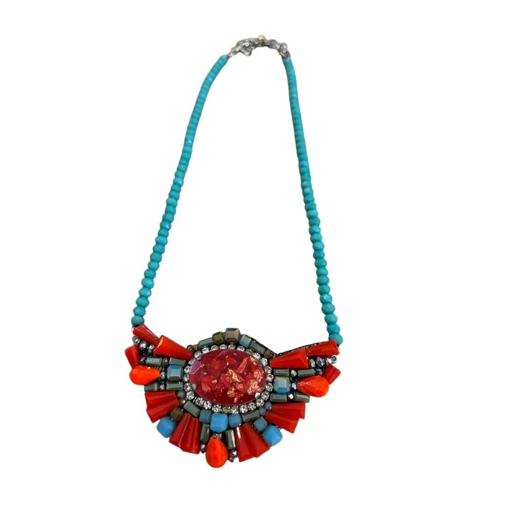 Turquoise Beaded Necklace with Red and Coral Crystal Pendant